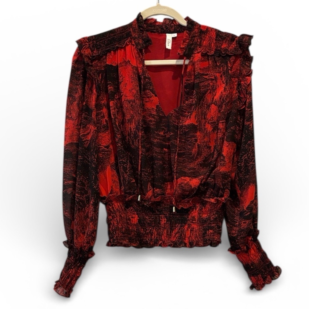 Elan Ruched Red Black Blouse Top Small Pattern Ruffle